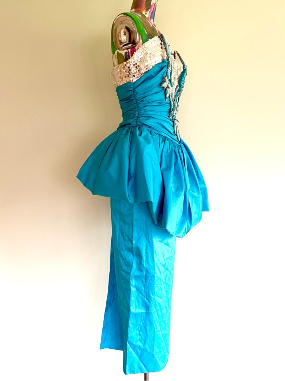 🐬VINTAGE 80s Alyce Designs Sequin Taffeta Peplum Prom Gown Dress - Picture 6 of 11